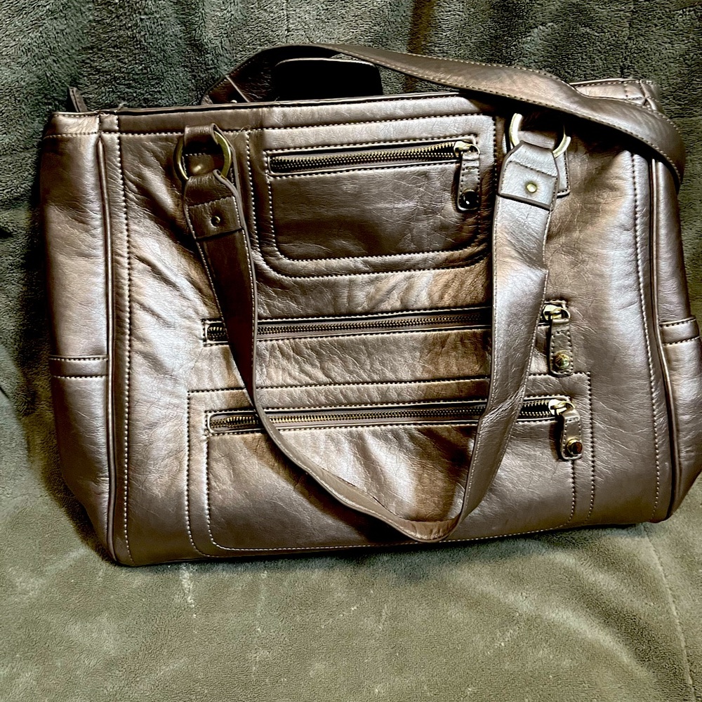 Gold East 5th tote with removable laptop pouch.